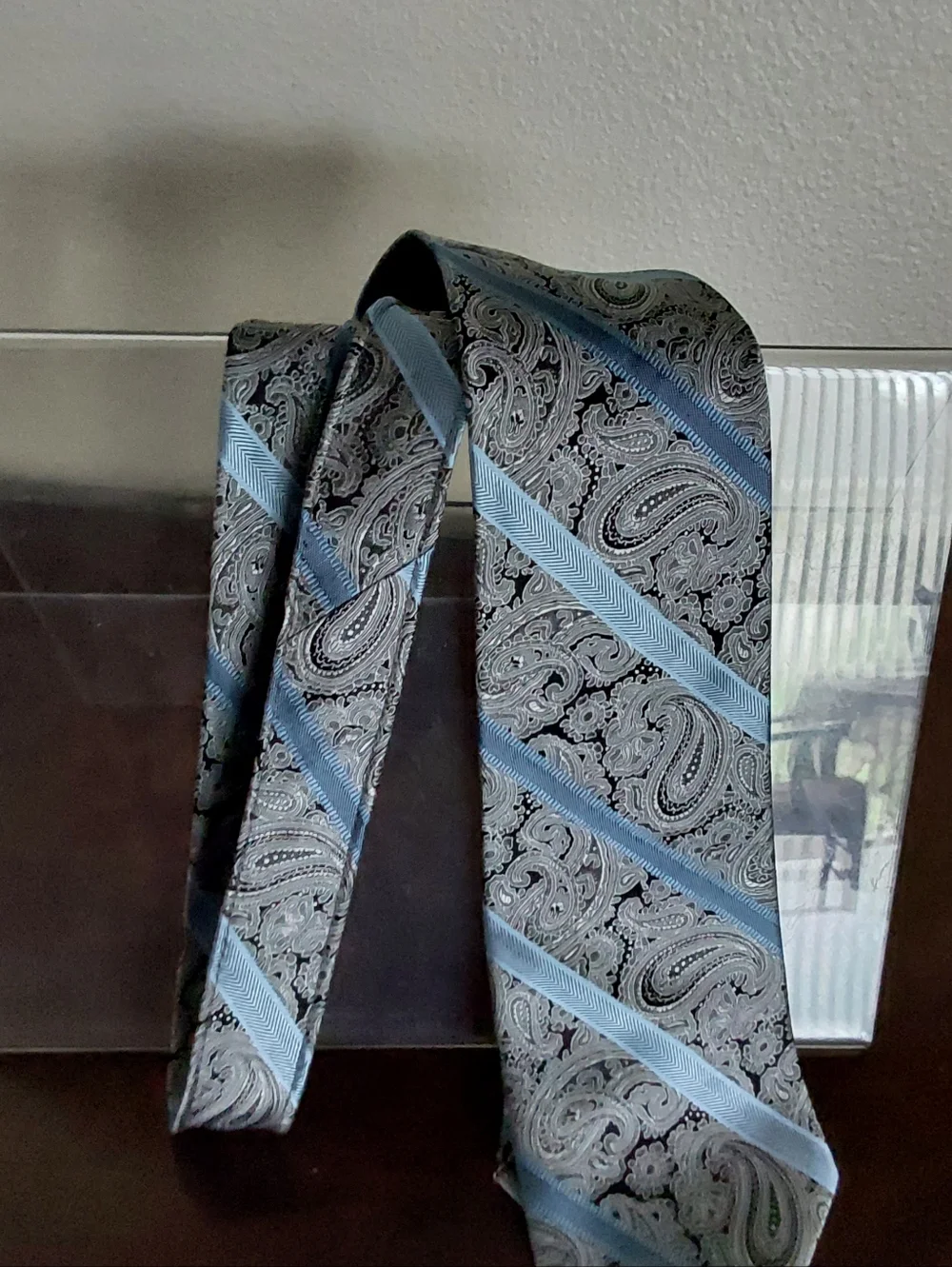 Pronto Uomo Silver Gray and Light Blue Paisley Diagonal‎ Stripe Silk Tie